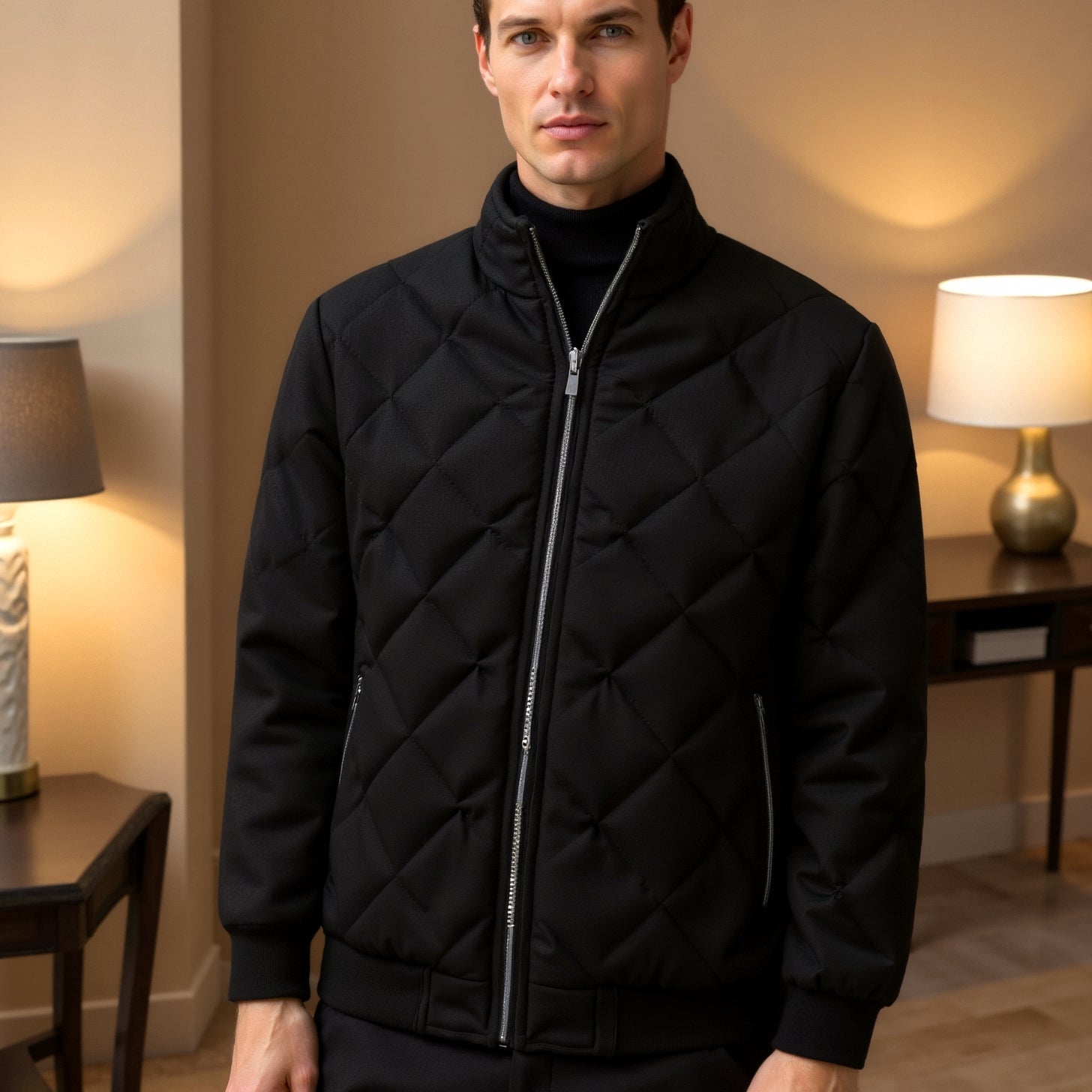 Lorenze Men’s Classic Black Stand Collar Coat – Timeless & Versatile
