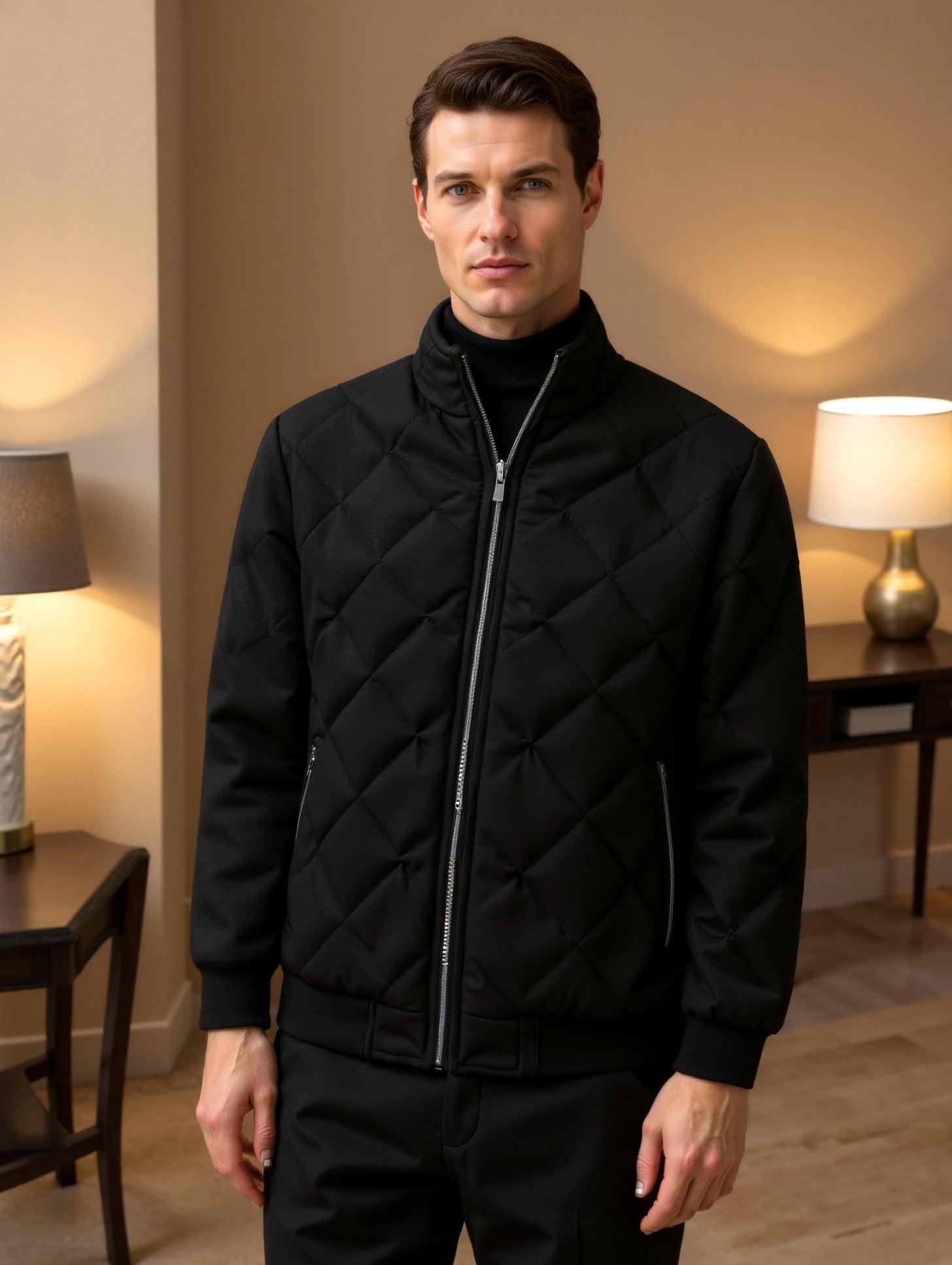 Lorenze Men’s Classic Black Stand Collar Coat – Timeless & Versatile
