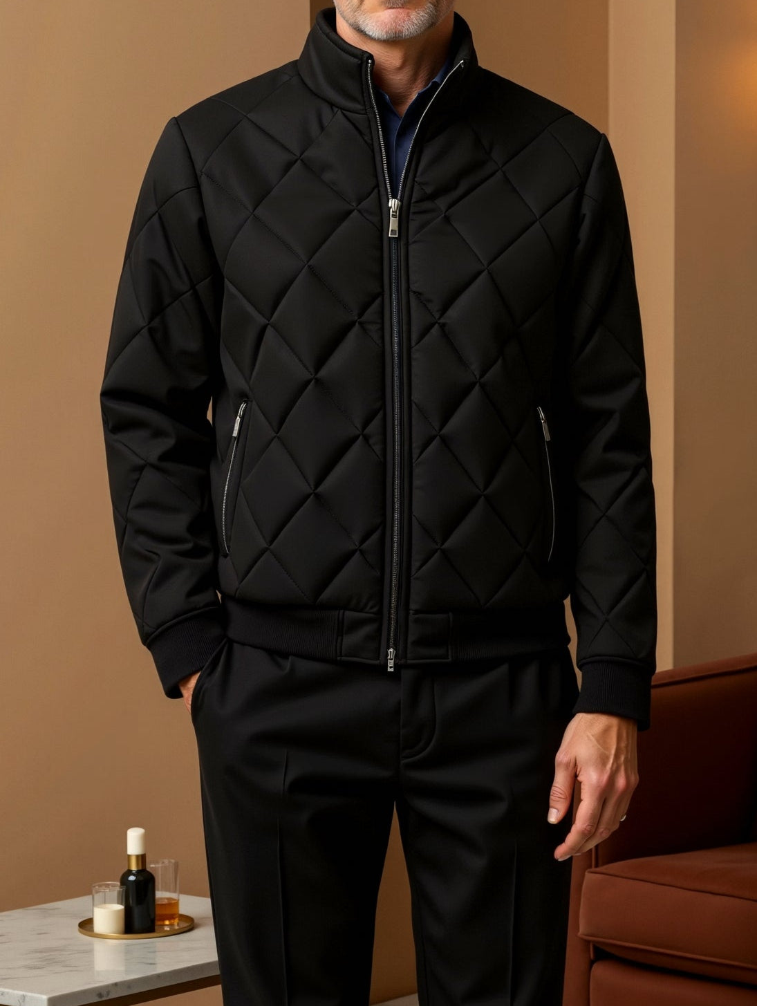 Lorenze Men’s Classic Black Stand Collar Coat – Timeless & Versatile