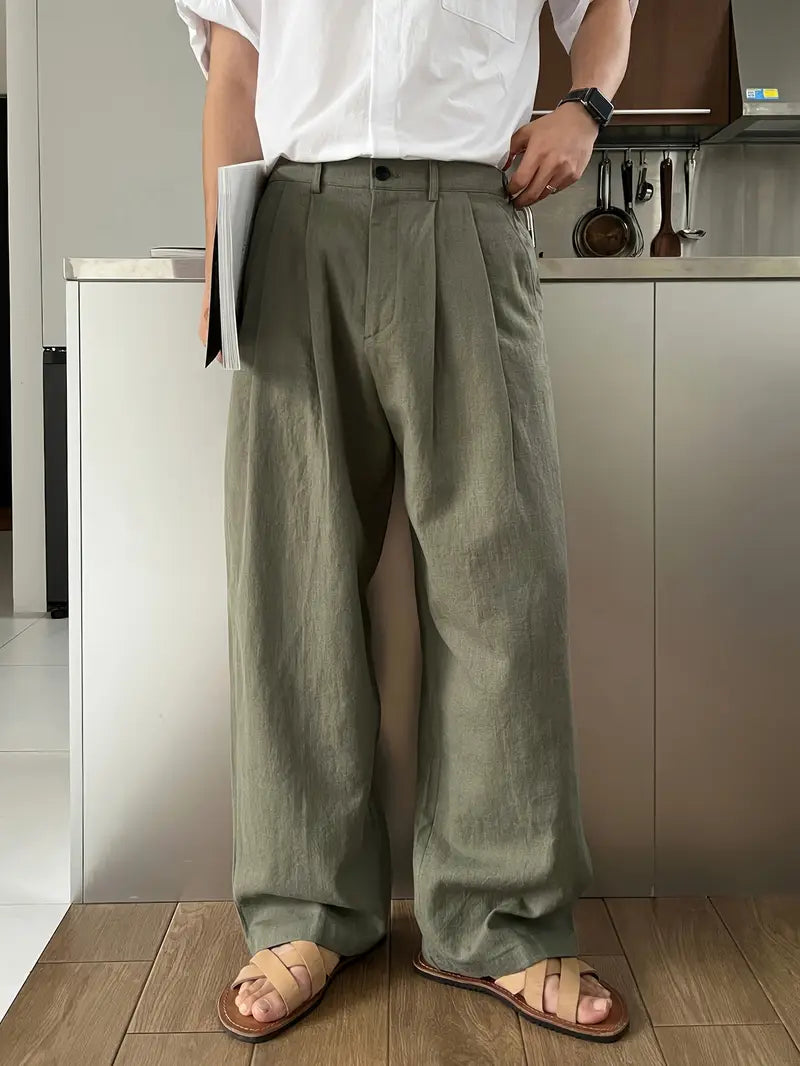 Spraykis | Men's Linen Straight-Leg Pants – Loose Fit, Solid Color, All-Season Comfort with Pockets