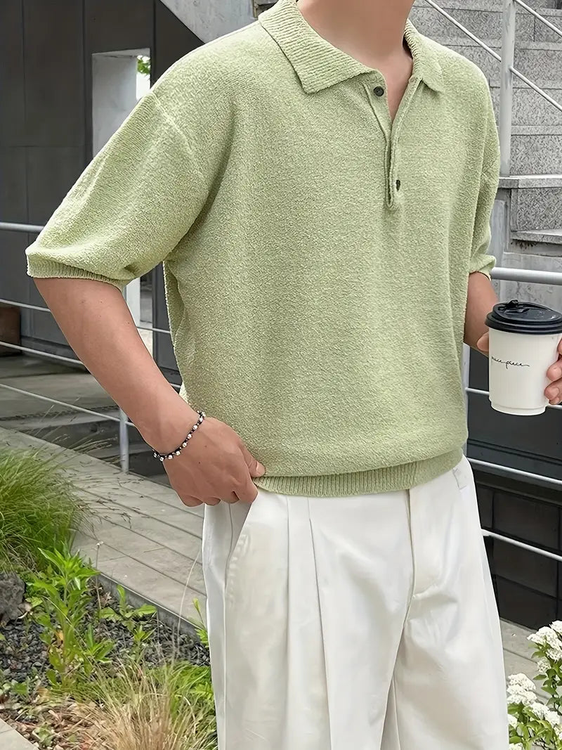 Spraykis | Men's Vintage-Inspired Knit Shirt – Preppy Style, Loose Fit, Button-Up Collar, Summer Pullover