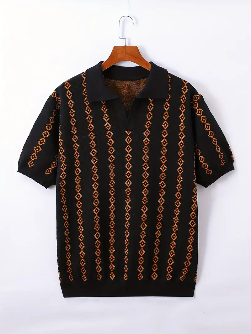 Spraykis | Men's V-Neck Knit Polo – Geometric Pattern, Short Sleeve, Regular Fit