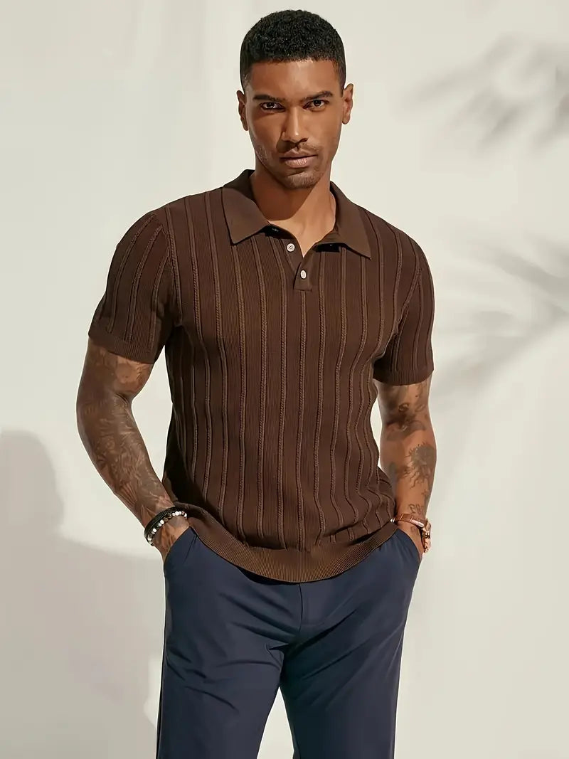 Spraykis | Men's Vintage Geometric Pattern Polo Shirt – Short Sleeve Lapel, Stretch Knit Fabric