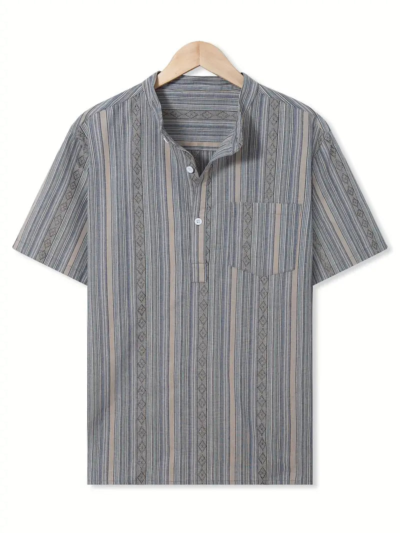 Spraykis | Men's Geometric Print Linen-Blend Henley Shirt – Breathable Casual Summer Shirt