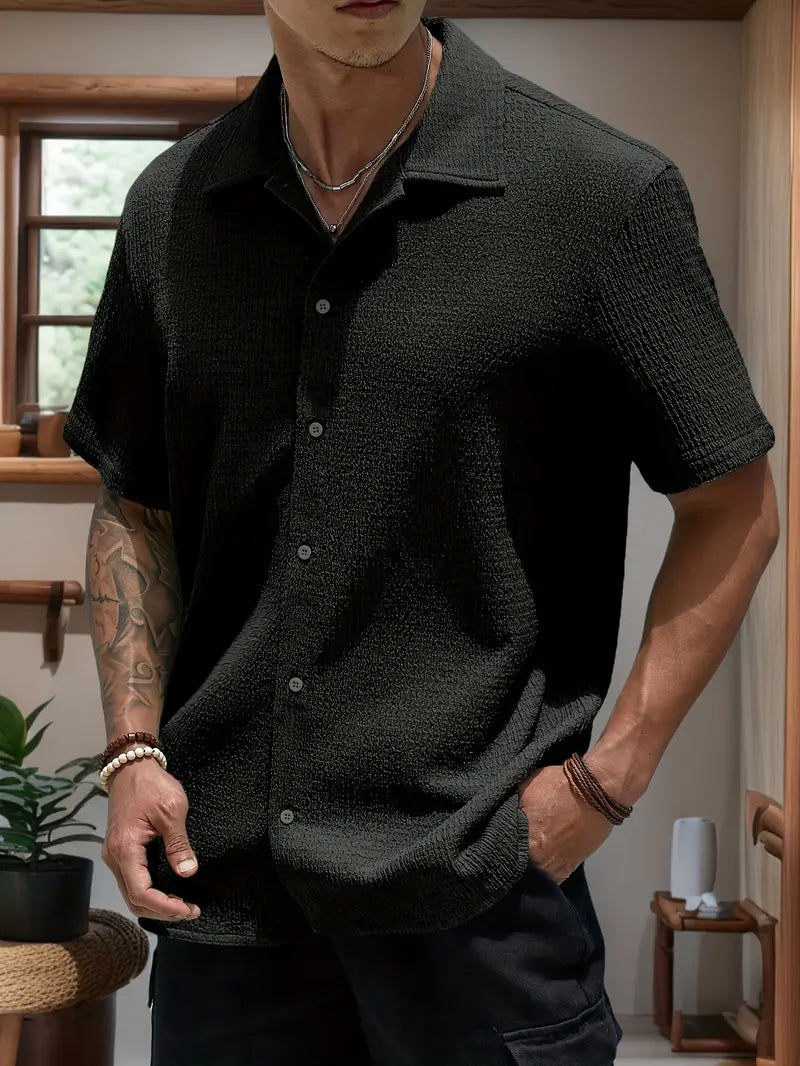 Spraykis | Men's Black Short-Sleeve Button-Up Shirt – Relaxed Fit, Breathable & Easycare Casualwear