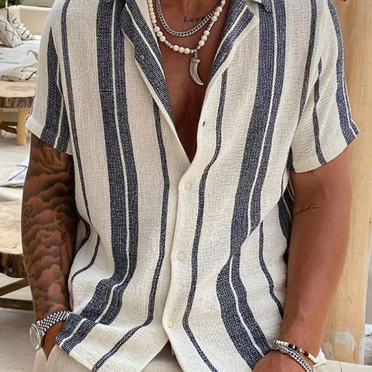 Spraykis Men's Vacation Striped Cotton linen Shirt