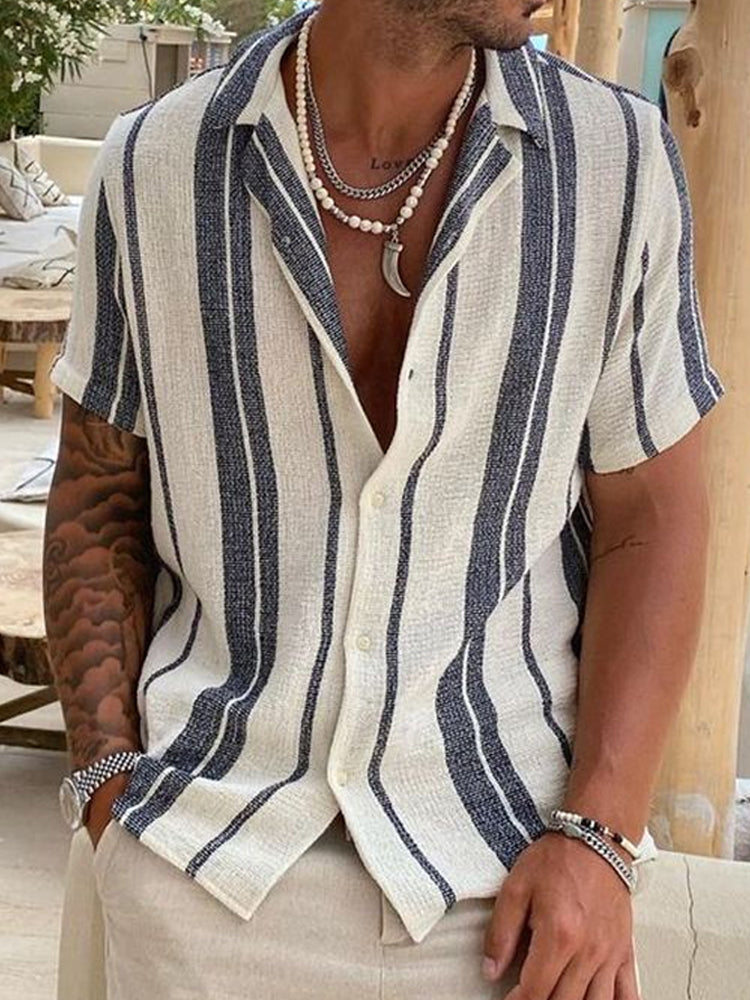 Spraykis Men's Vacation Striped Cotton linen Shirt