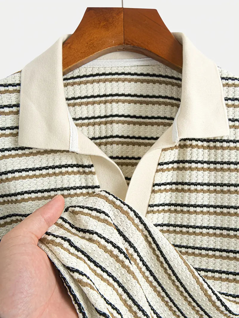 Striped Short Sleeve Knit Shirt – Soft Breathable Summer Top with Classic Collar - Spraykis