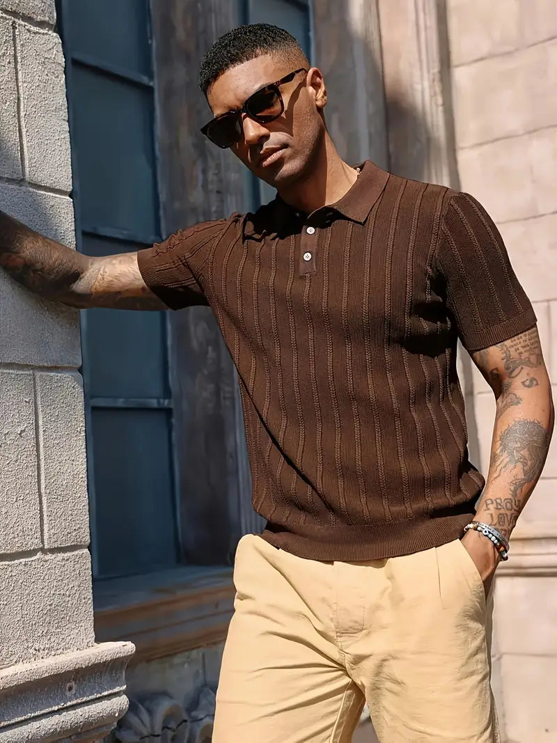 Spraykis | Men's Vintage Geometric Pattern Polo Shirt – Short Sleeve Lapel, Stretch Knit Fabric