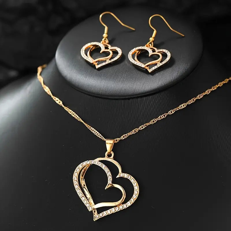 3-Piece Double Heart Jewelry Set for Women – Romantic Peach Heart Necklace, Earrings & Ring