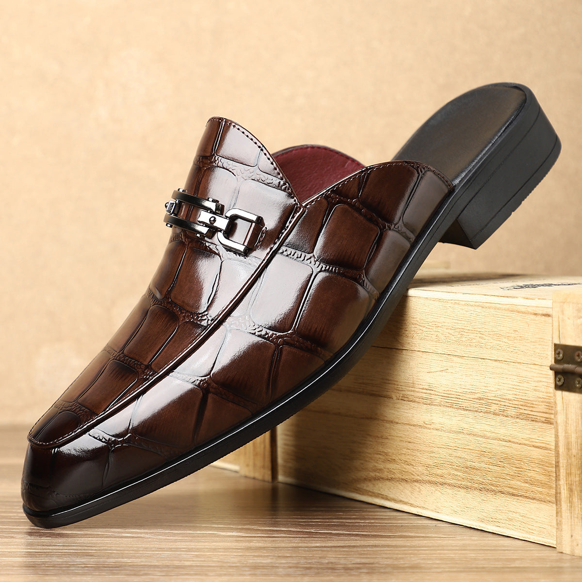 Victor Grey Croc Slip-On Shoes – Men’s Casual Backless Loafers