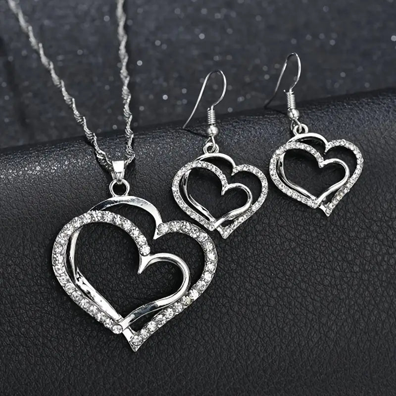 3-Piece Double Heart Jewelry Set for Women – Romantic Peach Heart Necklace, Earrings & Ring