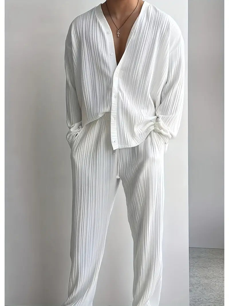 Spraykis | Men's Striped V-Neck Shirt & Pants Set – Relaxed Fit, Button-Up, Casual Beach Outfit