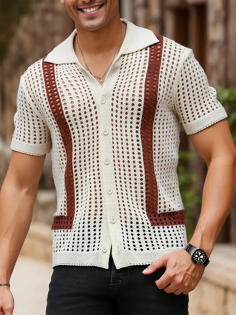 Spraykis | Men's Colorblock Striped Knit Button-Up – Short Sleeve Casual Vacation Shirt