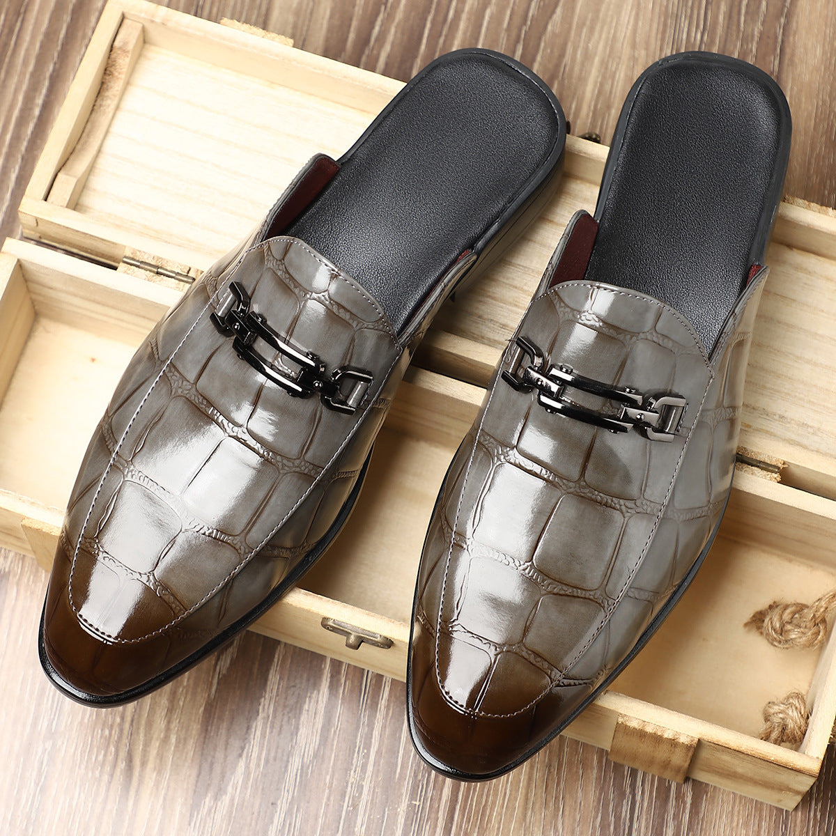 Victor Grey Croc Slip-On Shoes – Men’s Casual Backless Loafers