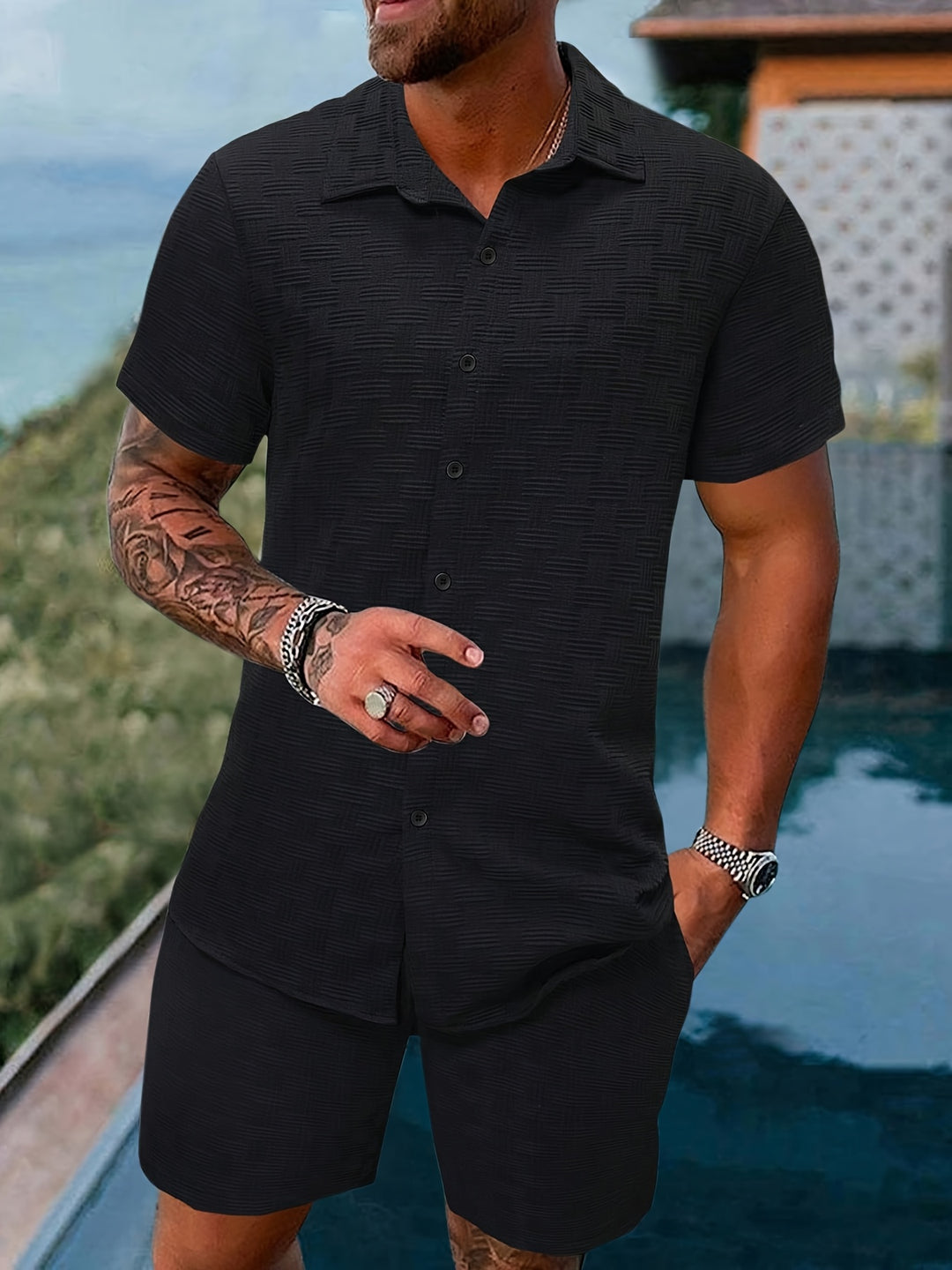 Men's Summer Set | Striped Checkered Texture | Breathable & Stylish | Shirt & Shorts