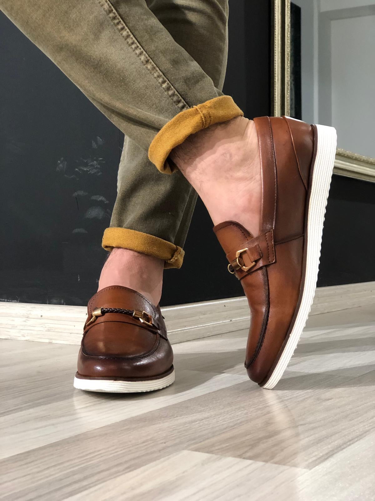 Men’s Buckle Detail Calf-Leather Shoes – Classic Tan Monk Strap Dress Shoes