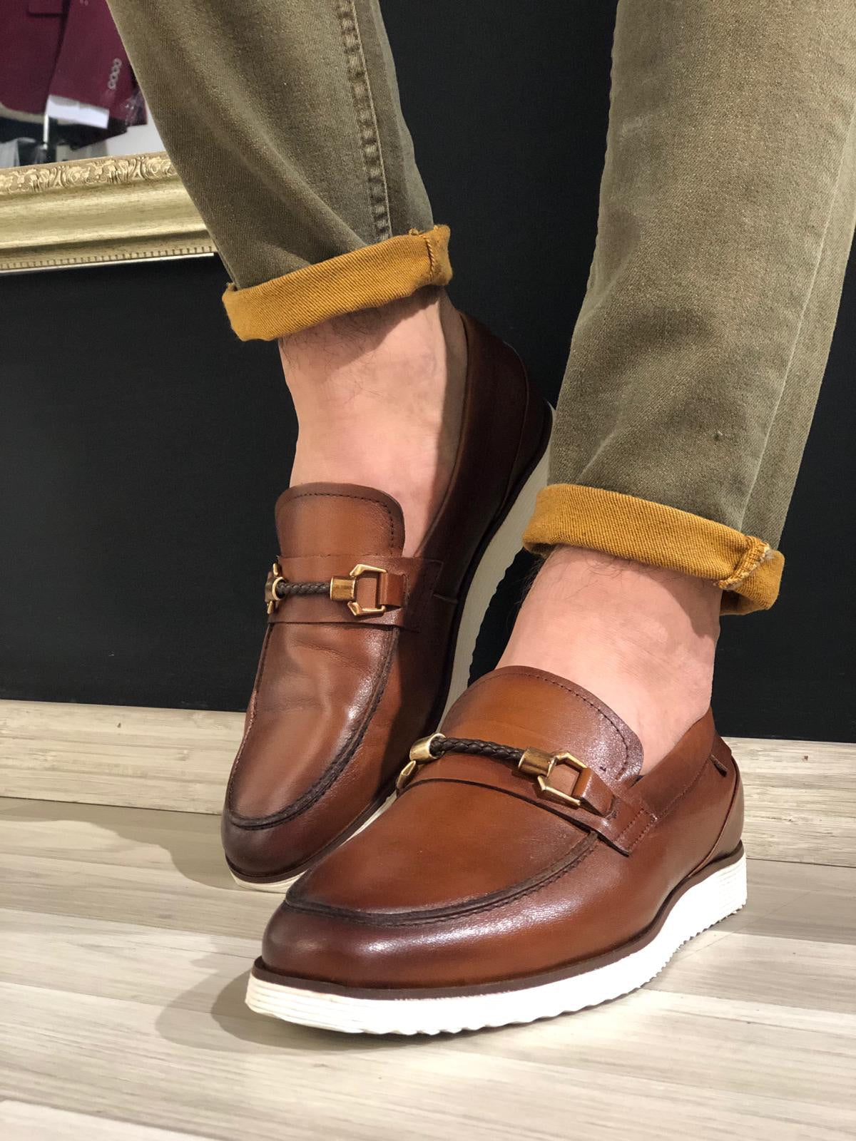 Men’s Buckle Detail Calf-Leather Shoes – Classic Tan Monk Strap Dress Shoes