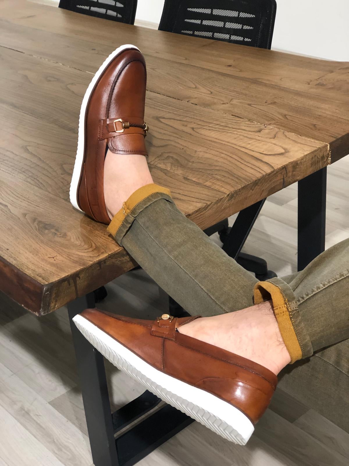 Men’s Buckle Detail Calf-Leather Shoes – Classic Tan Monk Strap Dress Shoes