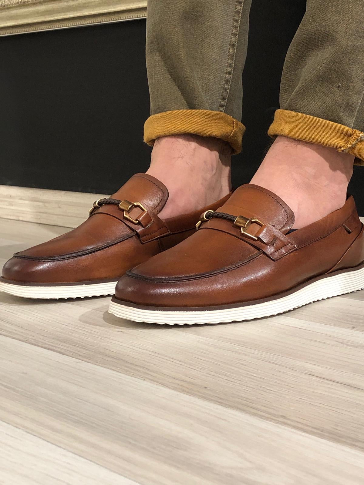 Men’s Buckle Detail Calf-Leather Shoes – Classic Tan Monk Strap Dress Shoes