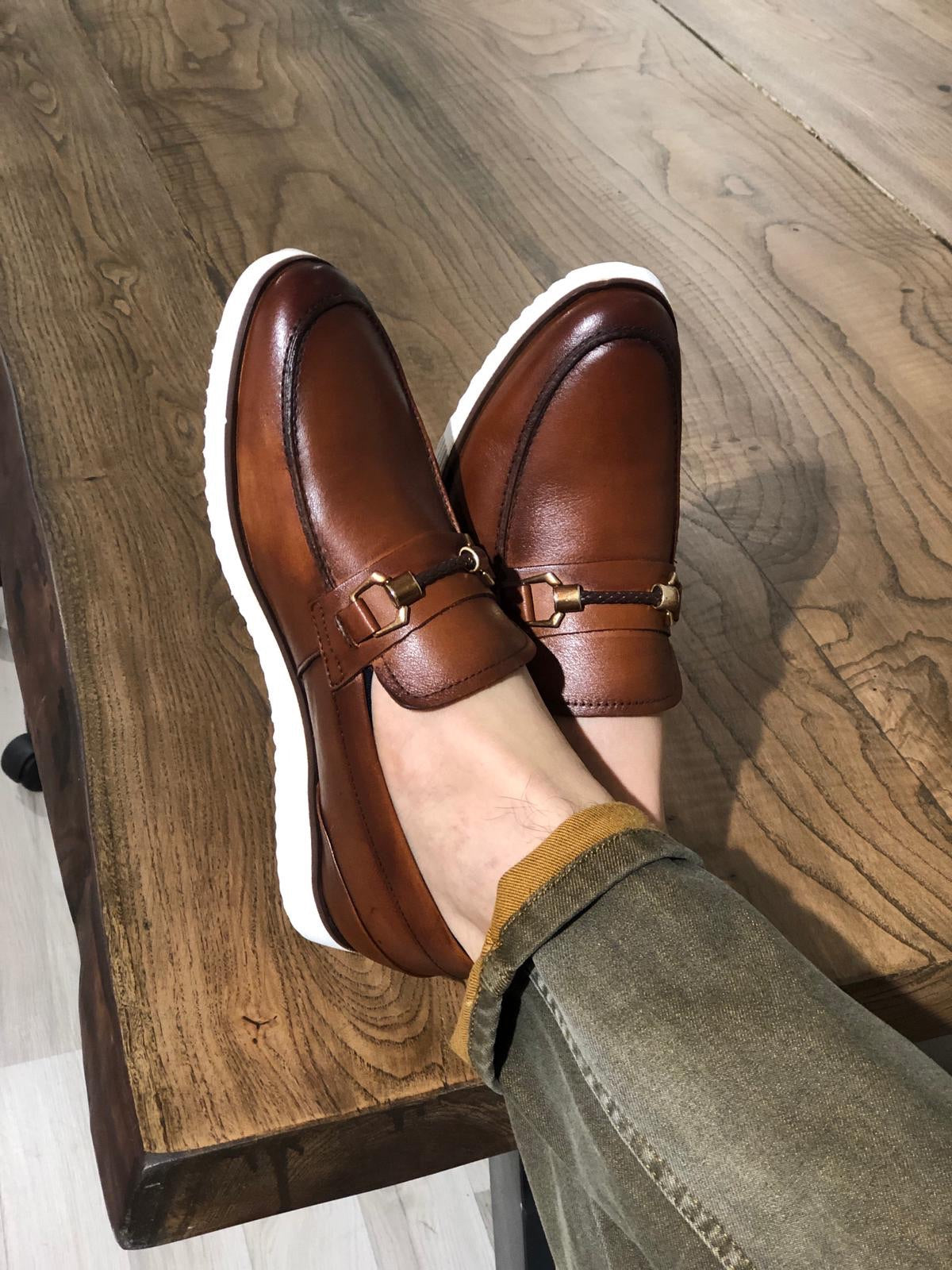 Men’s Buckle Detail Calf-Leather Shoes – Classic Tan Monk Strap Dress Shoes