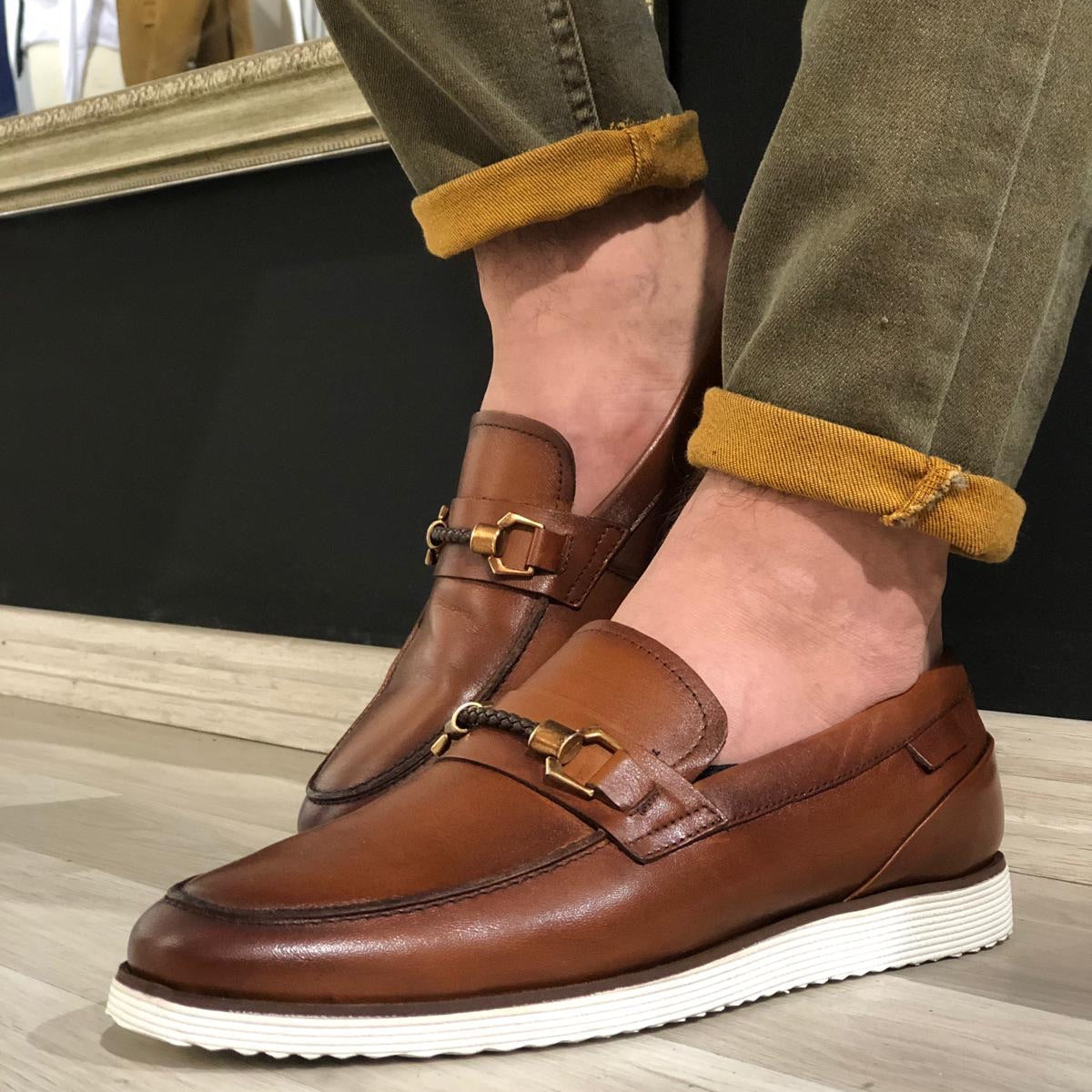 Men’s Buckle Detail Calf-Leather Shoes – Classic Tan Monk Strap Dress Shoes