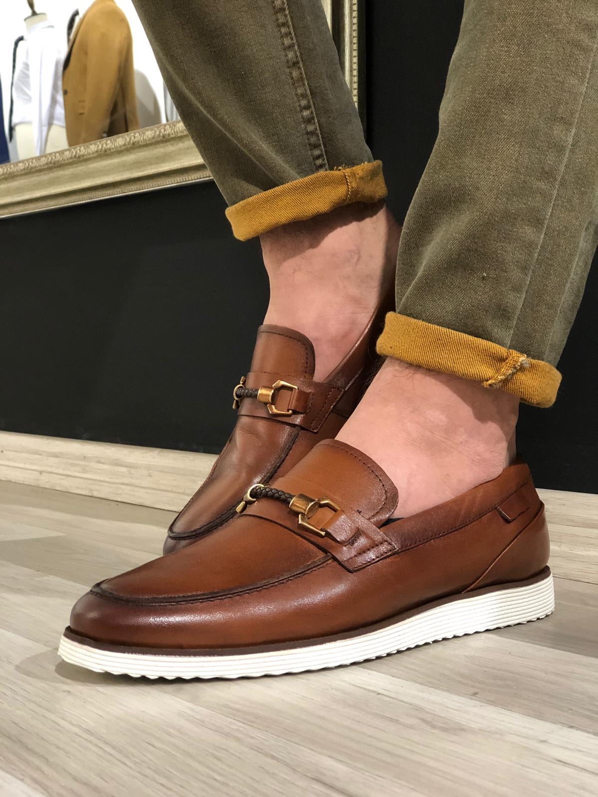 Men’s Buckle Detail Calf-Leather Shoes – Classic Tan Monk Strap Dress Shoes